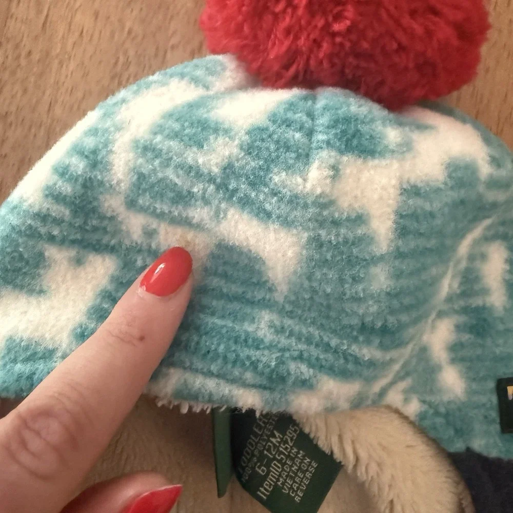 LL Bean Infant 6-12M Blue Fleece Sherpa Lined Trapper Hat & Mitten Set Toboggan